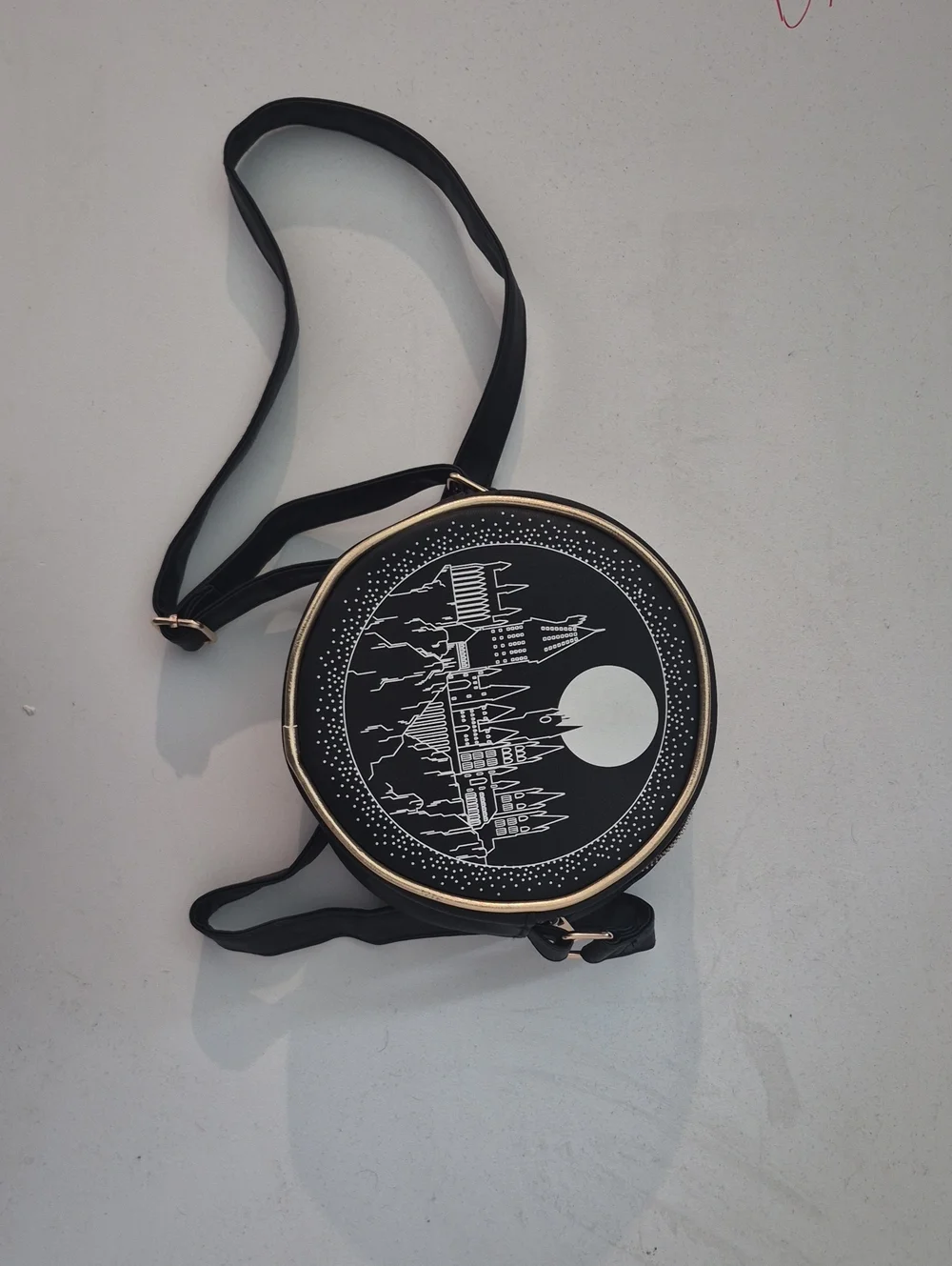 Black Round Messenger Bag with Moonlit Castle Design